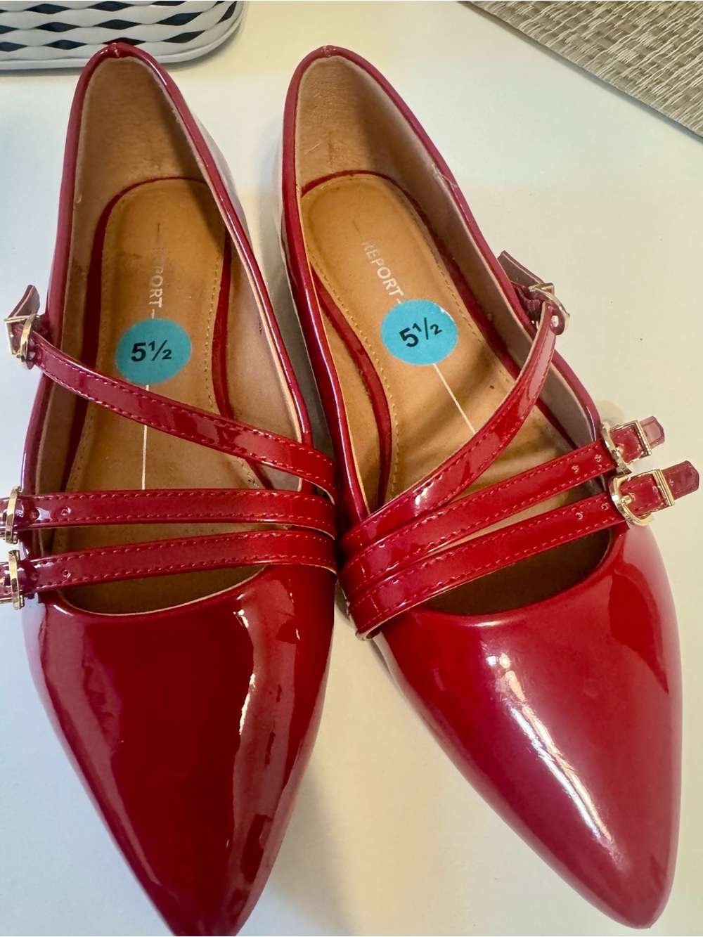 Report "Larsa" Red Patent Multi-Strap Pointed Toe Flats.